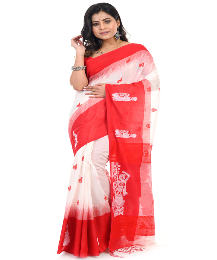 White red handwoven cotton shantipuri saree