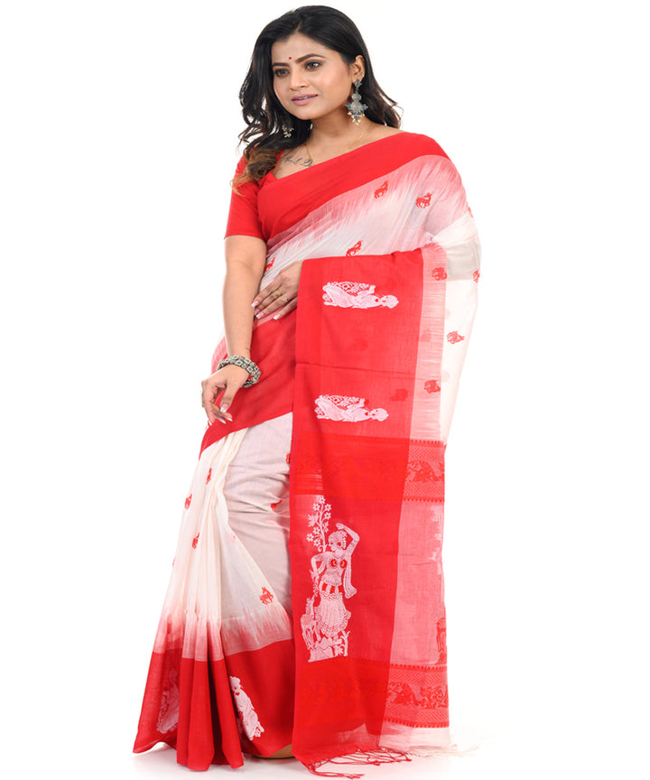 White red handwoven cotton shantipuri saree