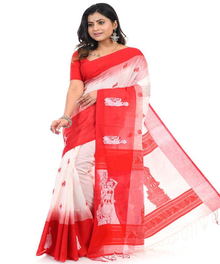 White red handwoven cotton shantipuri saree