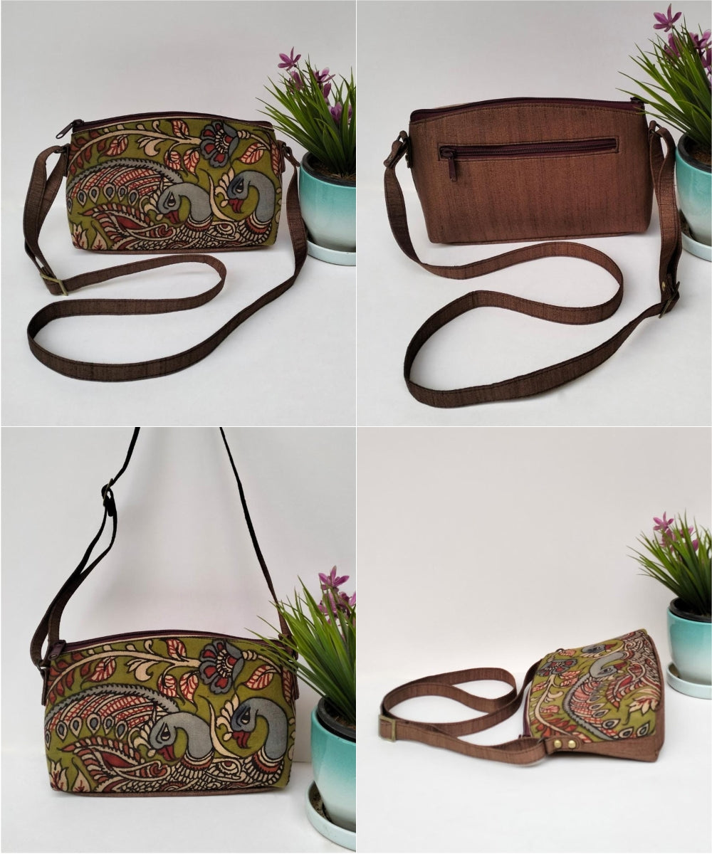 Brown hand painted kalamkari silk sling bag GoSwadeshi