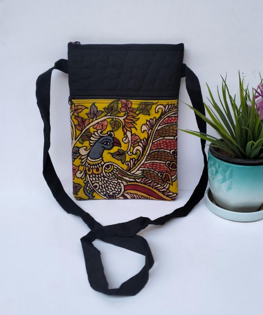 Black cotton hand painted kalamkari sling bag