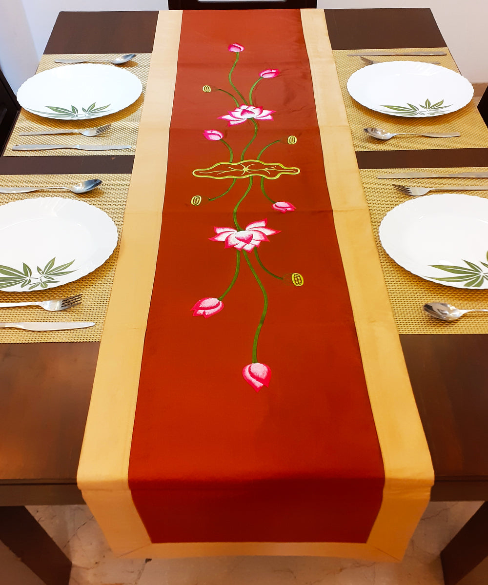 Lotus pattern silk embroidered table runner GoSwadeshi
