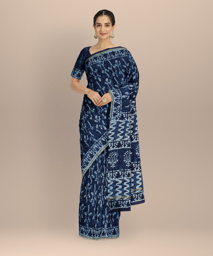 Handloom navy blue cotton silk hand block printed chanderi saree
