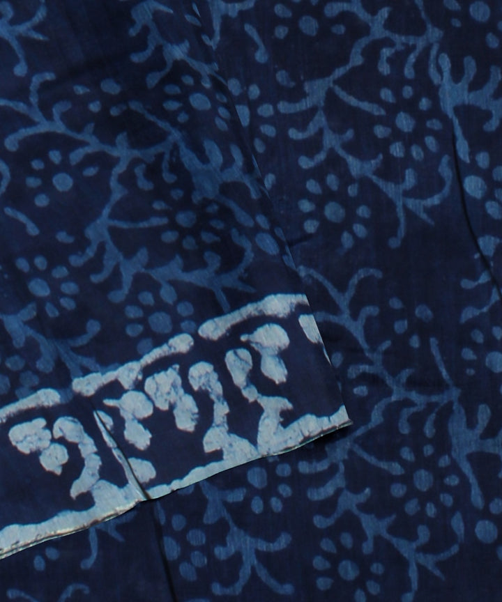 Handloom navy blue cotton silk hand block printed chanderi saree