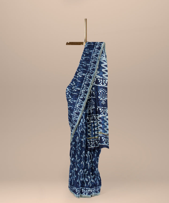 Handloom navy blue cotton silk hand block printed chanderi saree