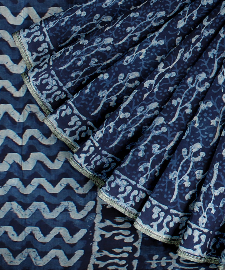 Handloom navy blue cotton silk hand block printed chanderi saree