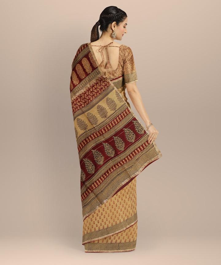 Brown maroon cotton silk handloom hand block printed chanderi saree