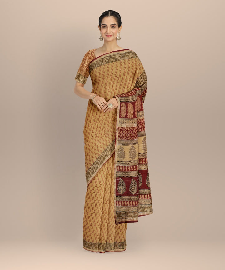 Brown maroon cotton silk handloom hand block printed chanderi saree