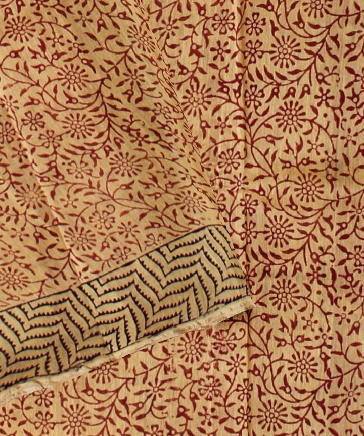 Brown maroon cotton silk handloom hand block printed chanderi saree