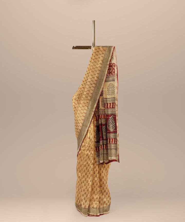 Brown maroon cotton silk handloom hand block printed chanderi saree