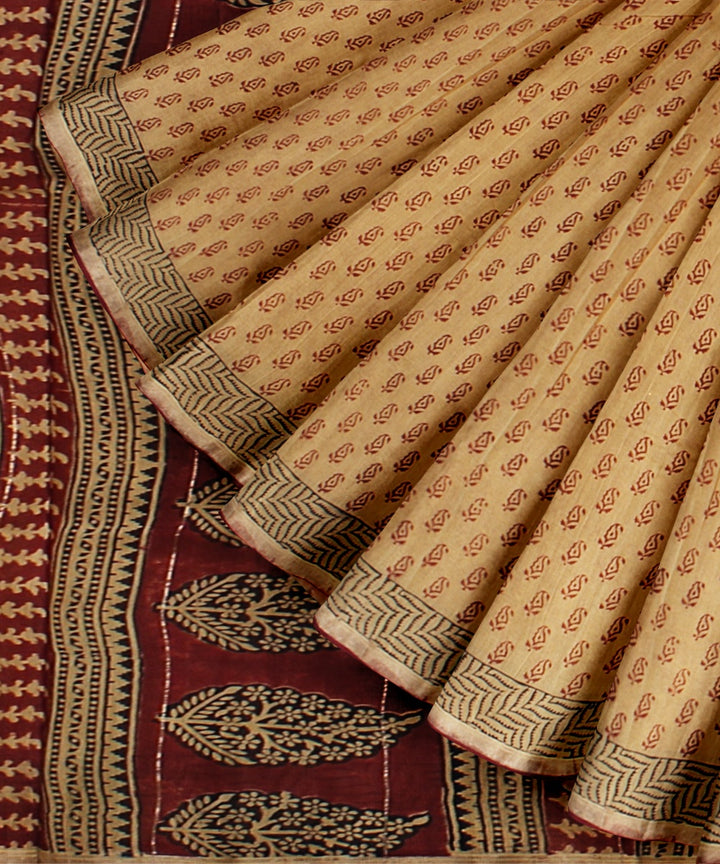 Brown maroon cotton silk handloom hand block printed chanderi saree