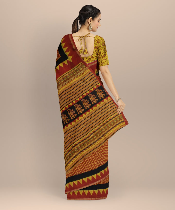 Maroon black cotton silk handloom hand block printed chanderi saree