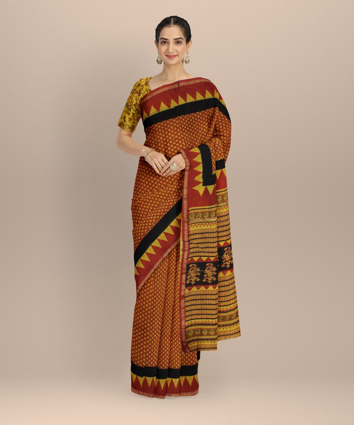 Maroon black cotton silk handloom hand block printed chanderi saree