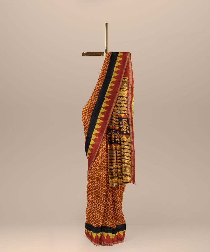 Maroon black cotton silk handloom hand block printed chanderi saree