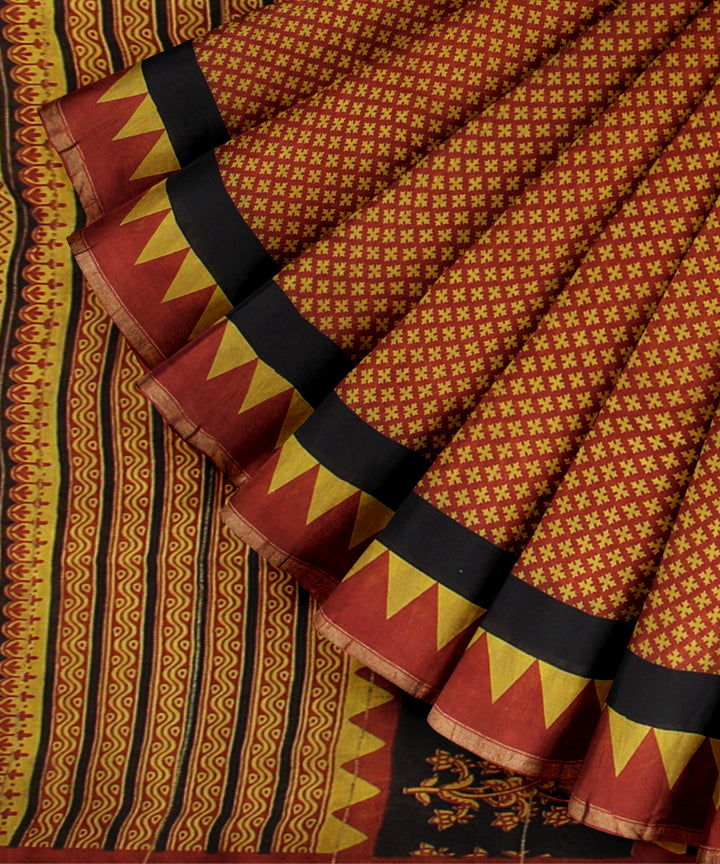 Maroon black cotton silk handloom hand block printed chanderi saree