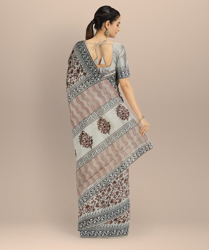 Grey cotton silk hand woven hand block printed chanderi saree