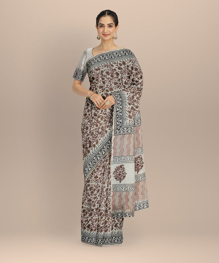 Grey cotton silk hand woven hand block printed chanderi saree