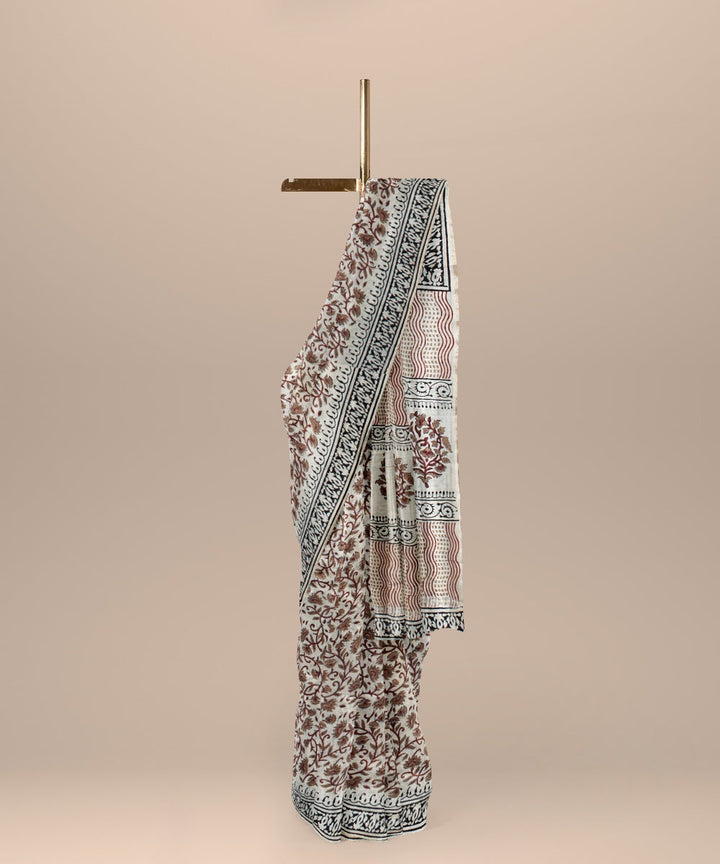 Grey cotton silk hand woven hand block printed chanderi saree