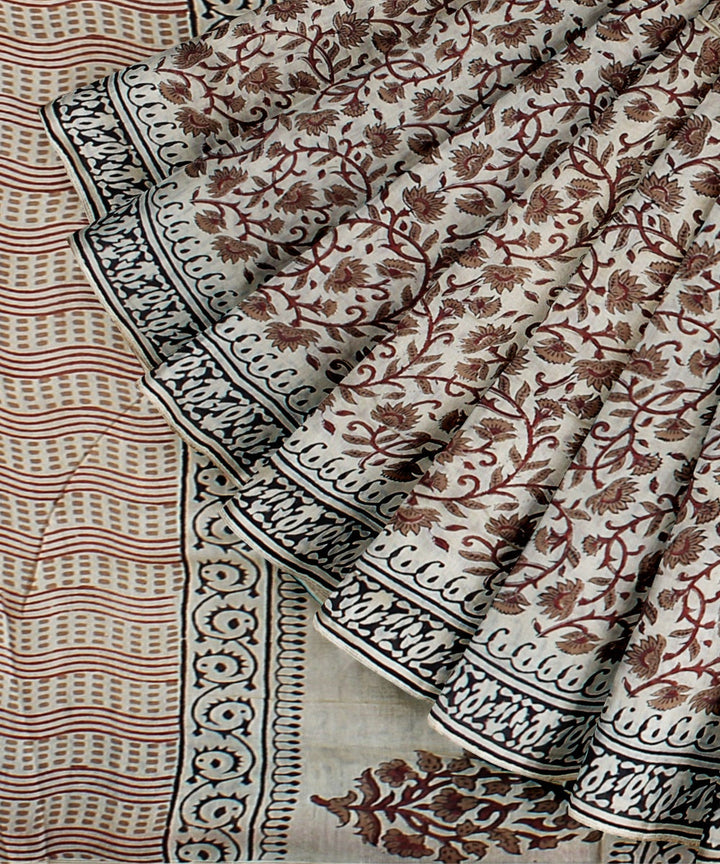 Grey cotton silk hand woven hand block printed chanderi saree