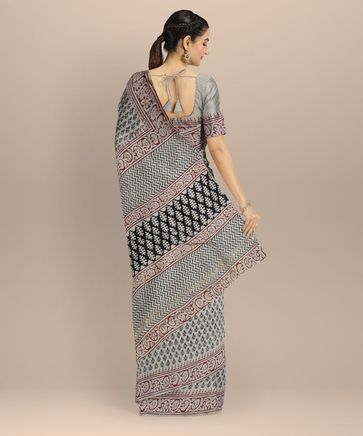Grey handloom cotton silk hand block printed chanderi saree