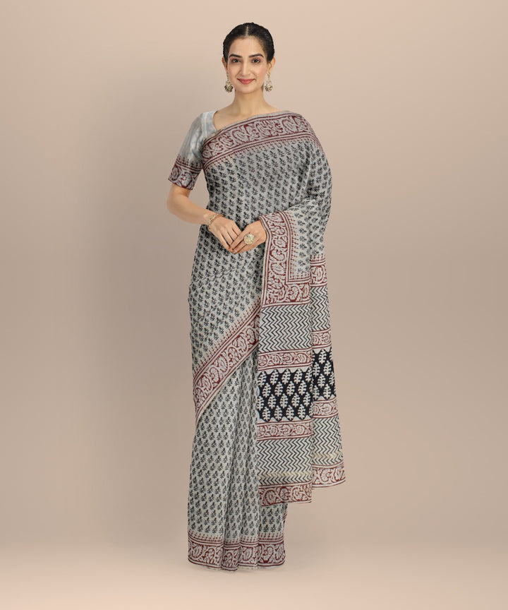 Grey handloom cotton silk hand block printed chanderi saree