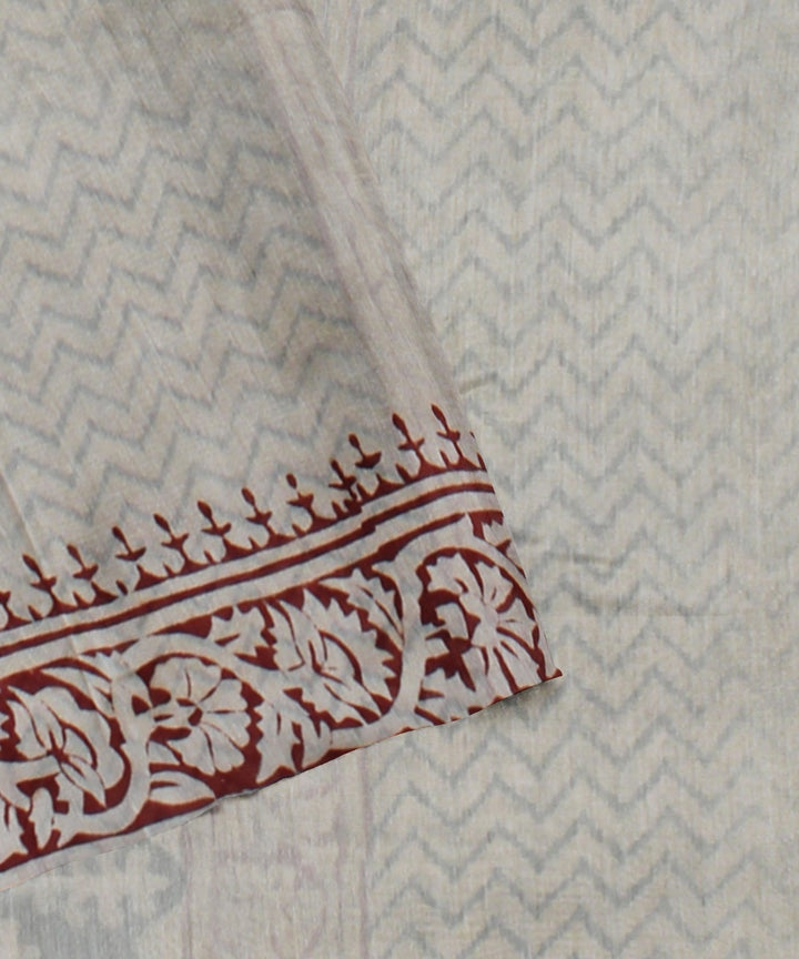 Grey handloom cotton silk hand block printed chanderi saree
