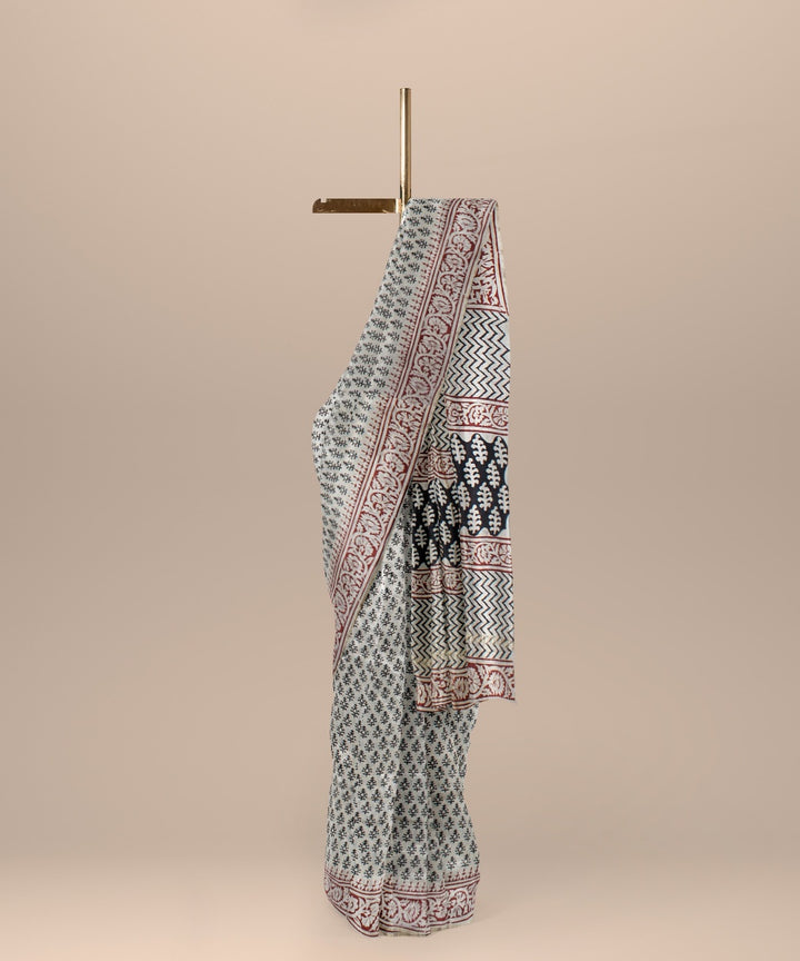 Grey handloom cotton silk hand block printed chanderi saree
