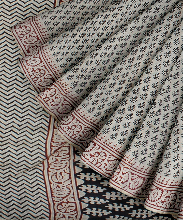 Grey handloom cotton silk hand block printed chanderi saree