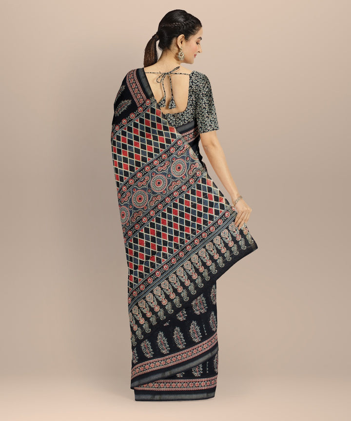 Black red cotton silk handloom hand block printed chanderi saree