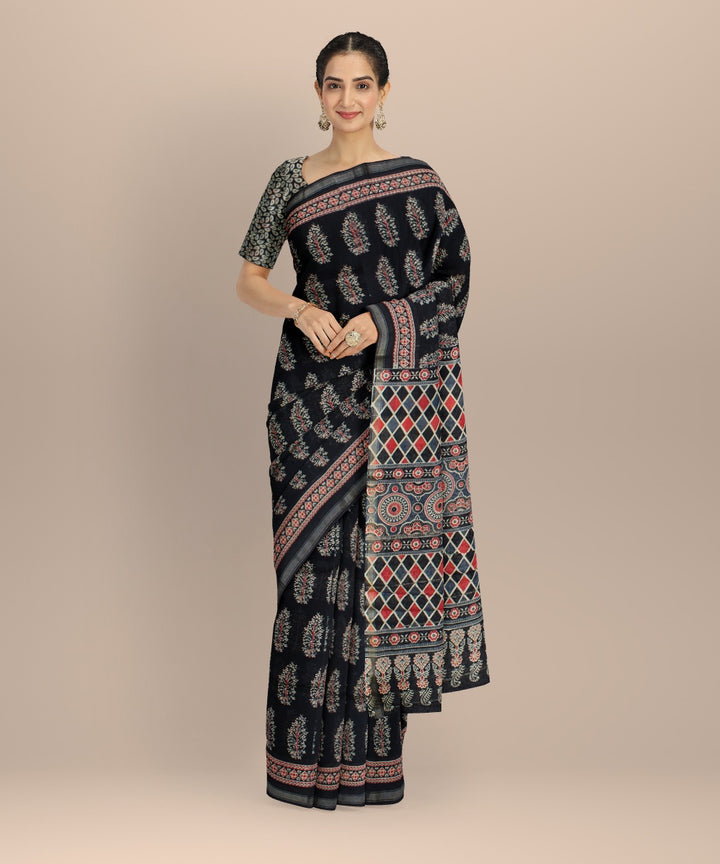 Black red cotton silk handloom hand block printed chanderi saree