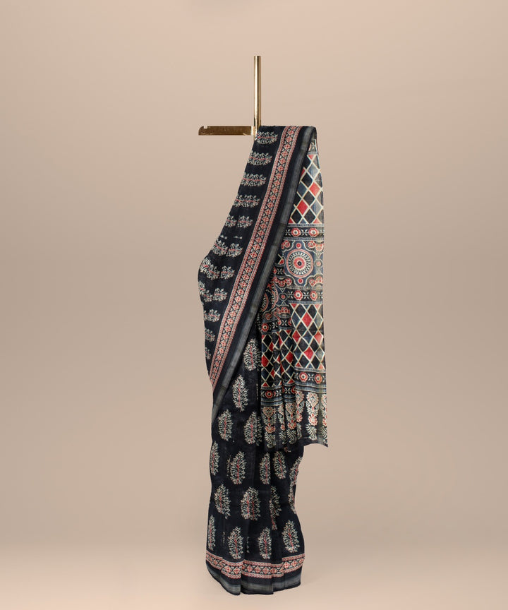 Black red cotton silk handloom hand block printed chanderi saree