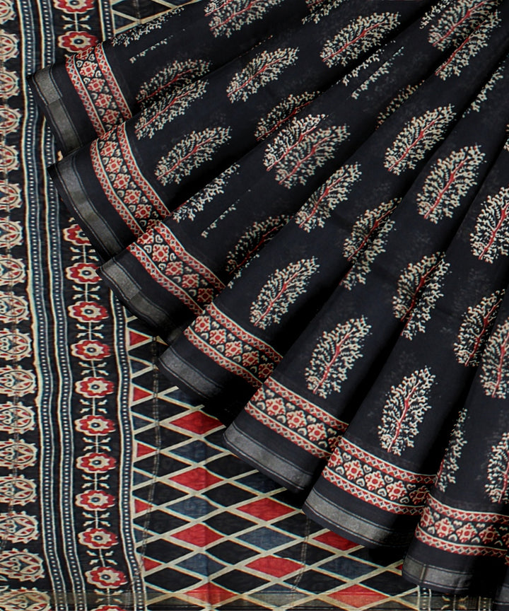Black red cotton silk handloom hand block printed chanderi saree