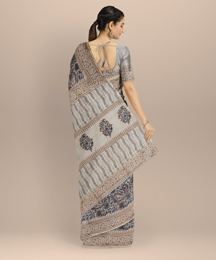 Grey grey cotton silk handloom hand block printed chanderi saree