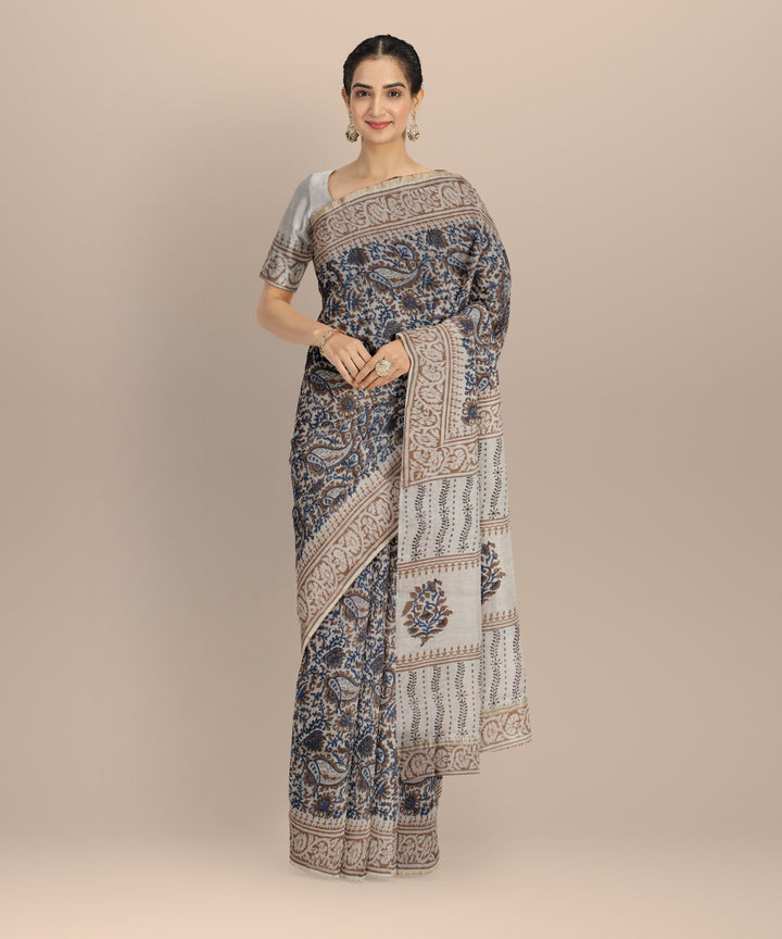 Grey grey cotton silk handloom hand block printed chanderi saree
