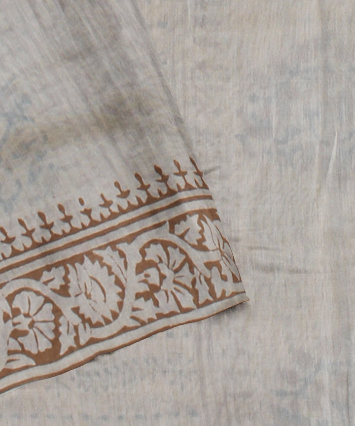 Grey grey cotton silk handloom hand block printed chanderi saree