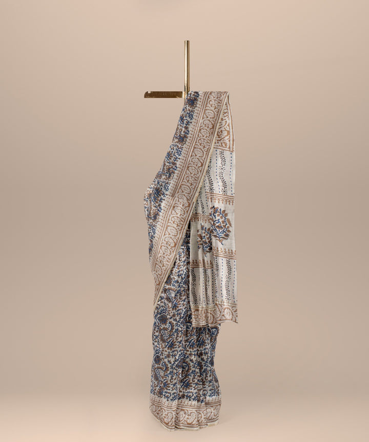 Grey grey cotton silk handloom hand block printed chanderi saree