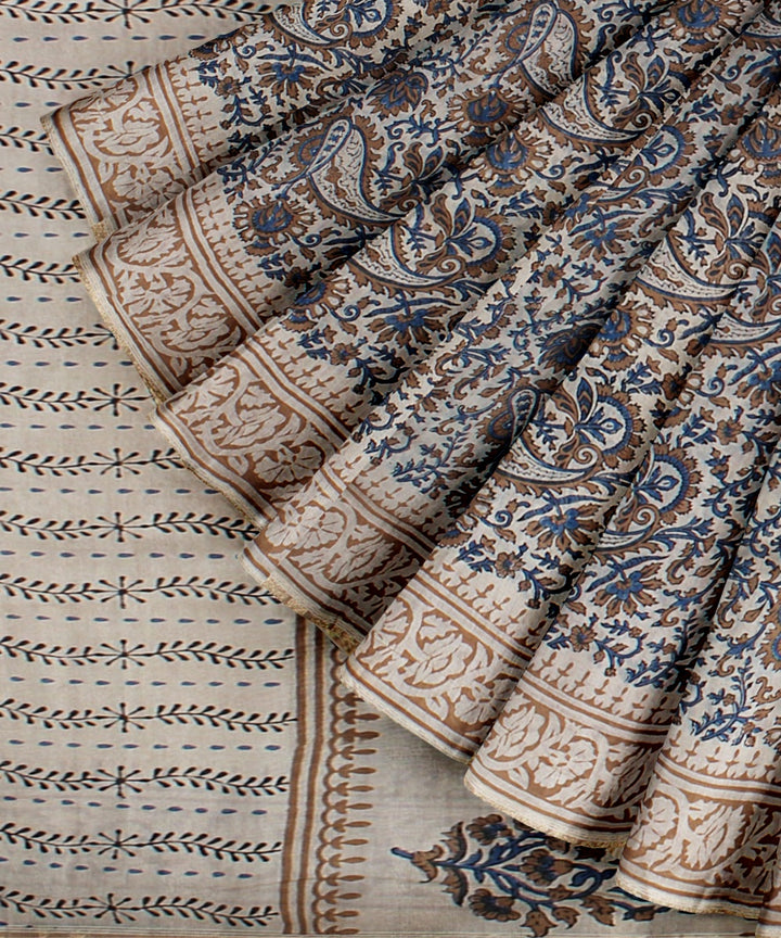 Grey grey cotton silk handloom hand block printed chanderi saree
