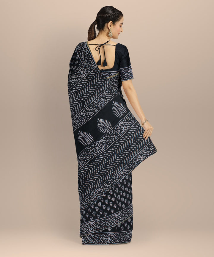 Black cotton silk handwoven hand block printed chanderi saree