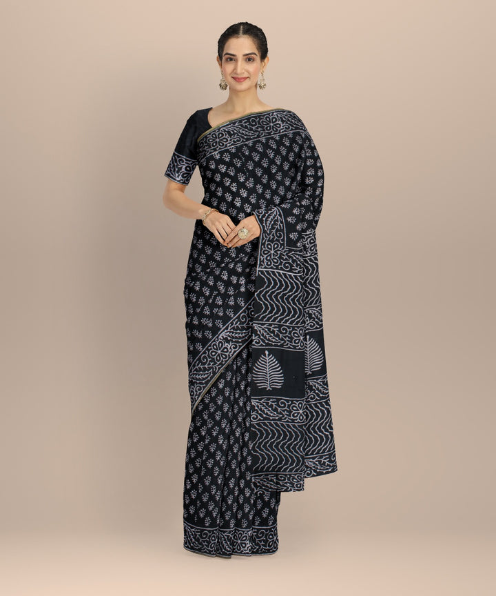 Black cotton silk handwoven hand block printed chanderi saree