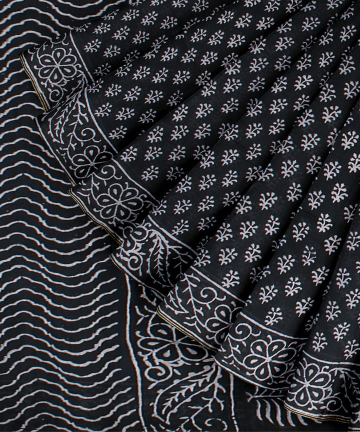 Black cotton silk handwoven hand block printed chanderi saree