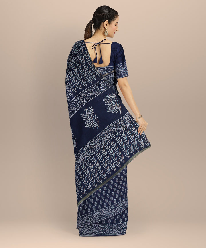 Navy blue handloom hand block printed chanderi cotton silk saree