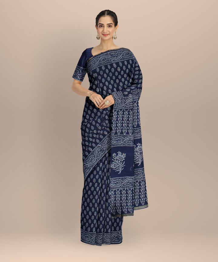 Navy blue handloom hand block printed chanderi cotton silk saree