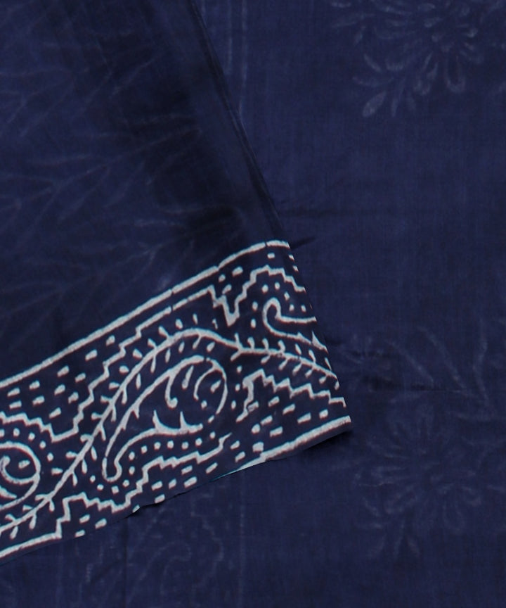 Navy blue handloom hand block printed chanderi cotton silk saree
