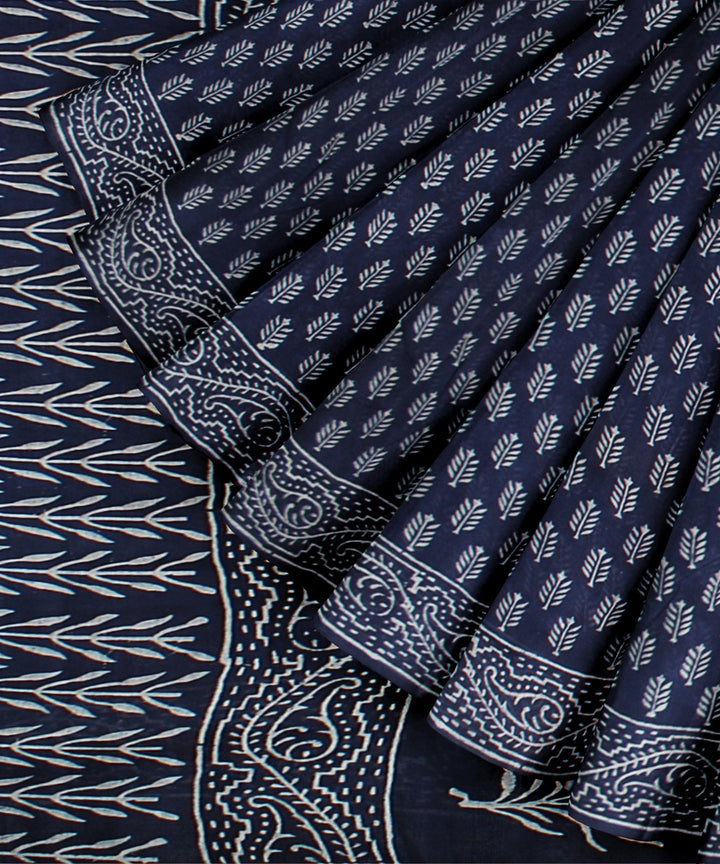 Navy blue handloom hand block printed chanderi cotton silk saree