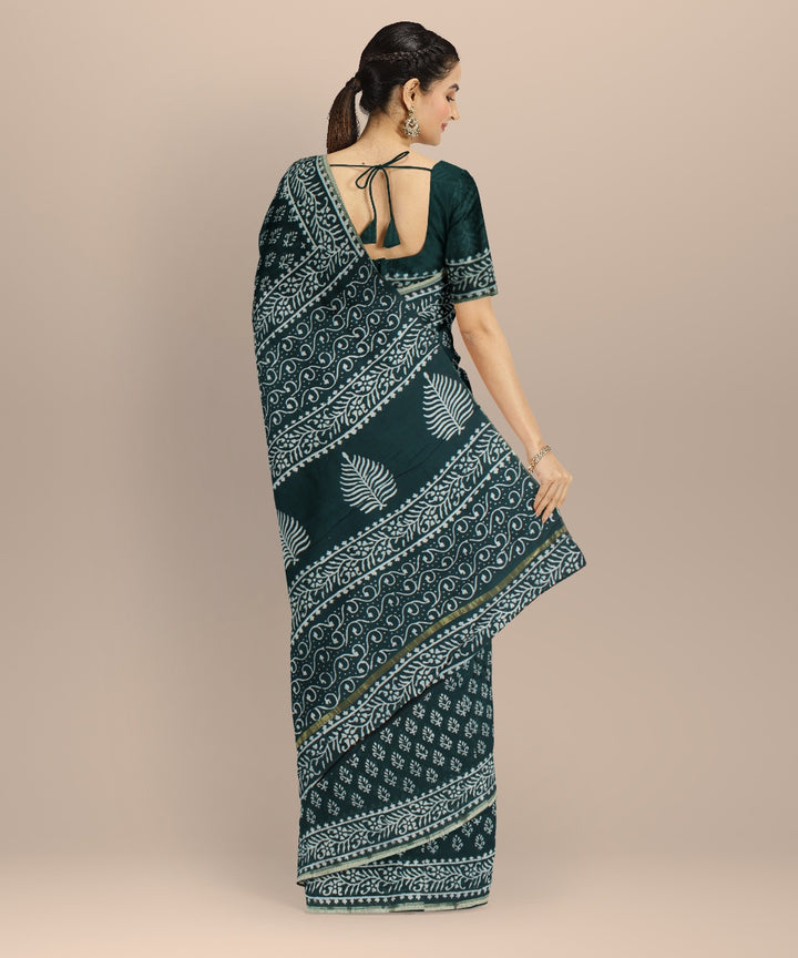 Dark green cotton silk handloom hand block printed chanderi saree