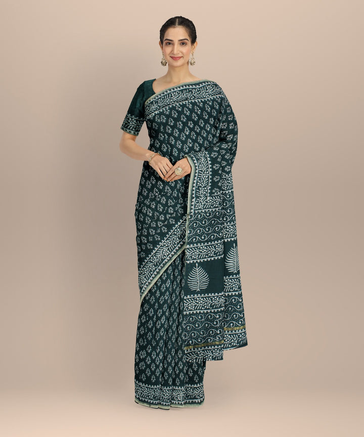 Dark green cotton silk handloom hand block printed chanderi saree