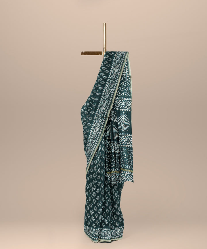 Dark green cotton silk handloom hand block printed chanderi saree