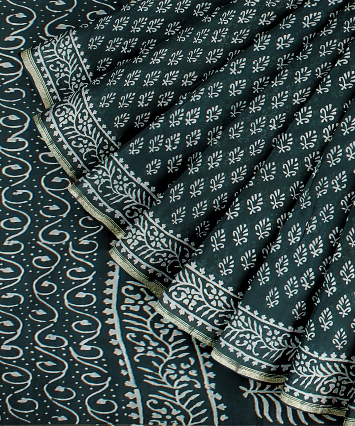 Dark green cotton silk handloom hand block printed chanderi saree