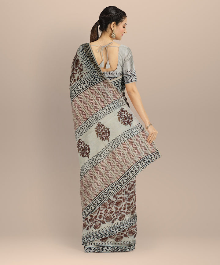 Beige maroon handloom hand block printed chanderi cotton silk saree