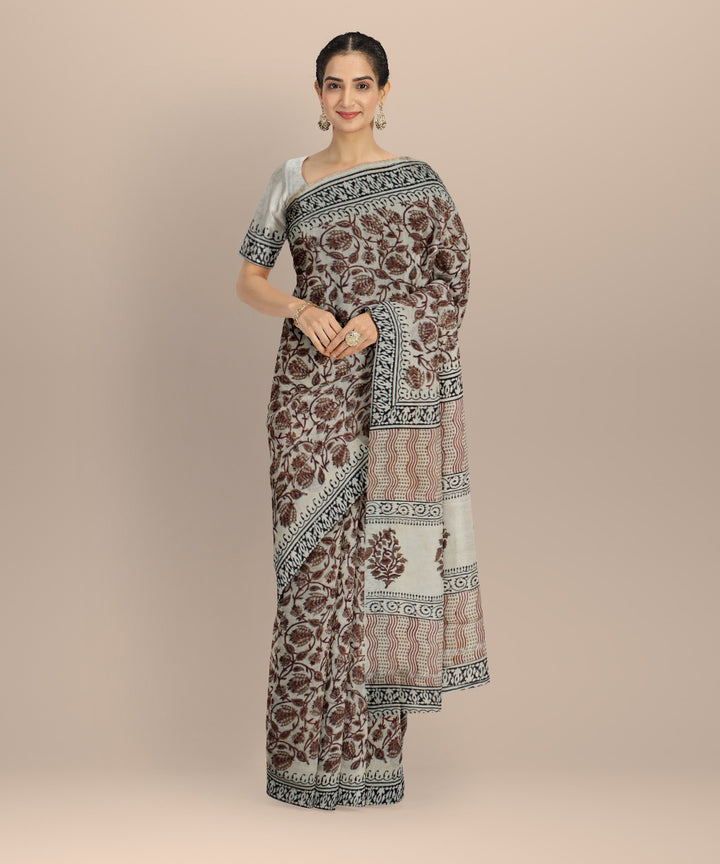 Beige maroon handloom hand block printed chanderi cotton silk saree